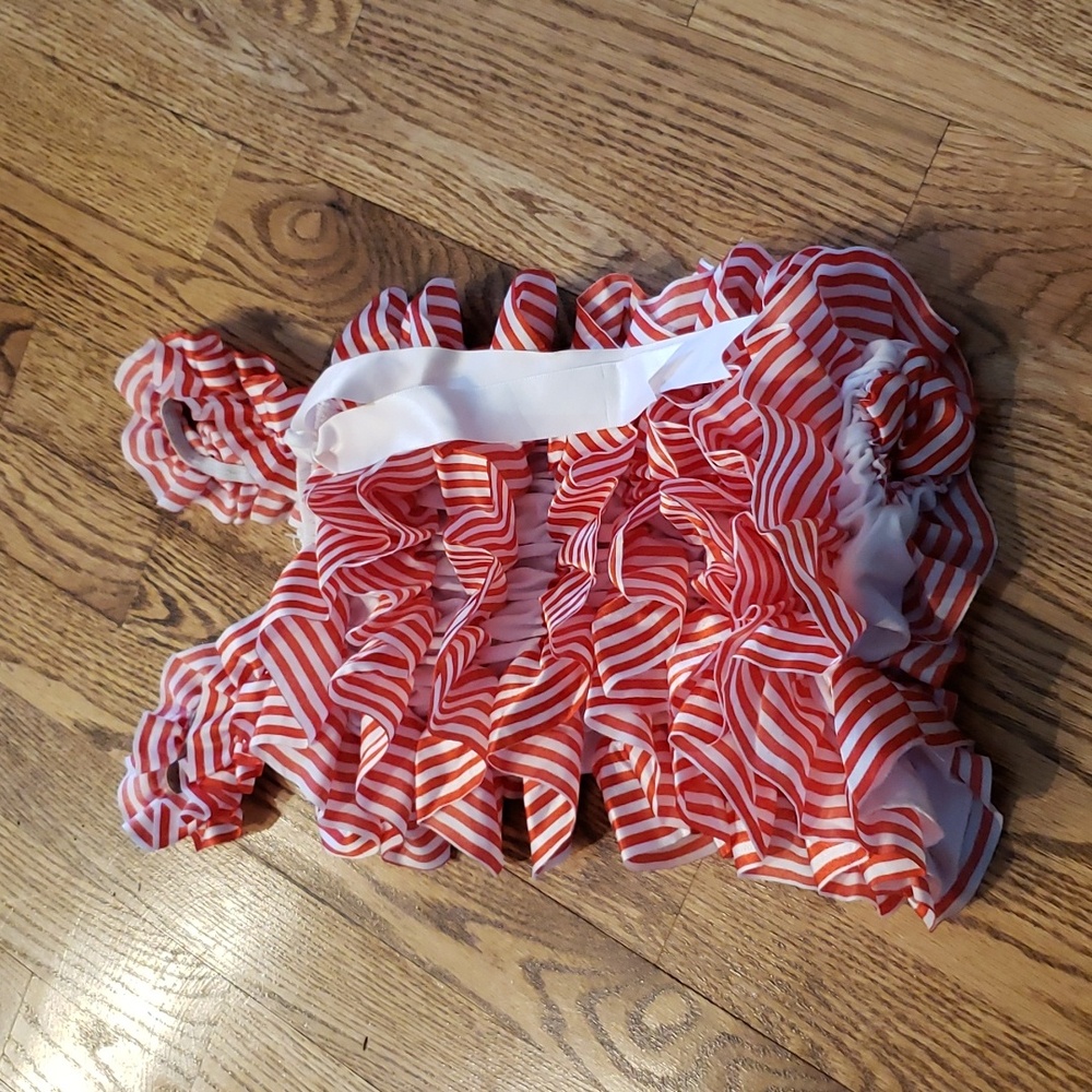 (12M) Striped Satin Ruffle Romper One Piece Ruched Stretch Holiday Occasion